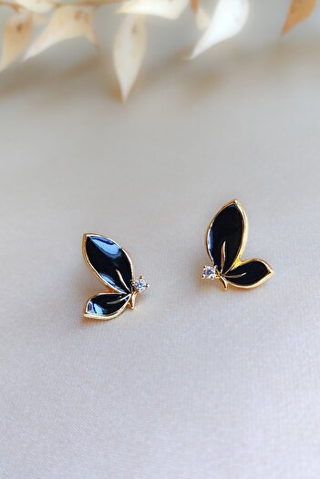 COSİTA Small Zircon Stone Butterfly Black Fairy Women's Earrings