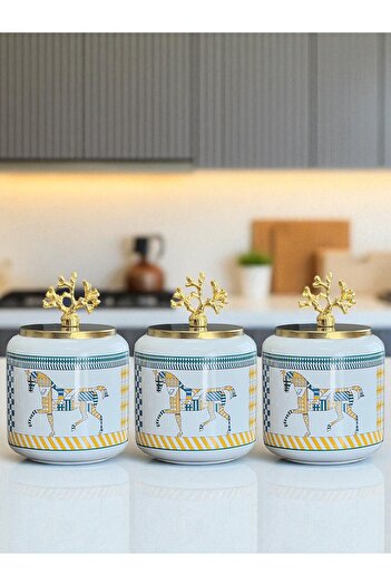 ferayhome Coffee Corner Set of 3 Spice Jars Large Size Oval 1400 ml Volume Geometric Horse Gold