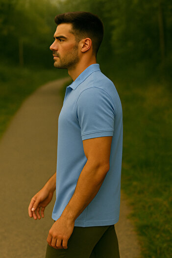 Maccali Men's Short Sleeve Cotton Blue Polo Neck Basic T-Shirt