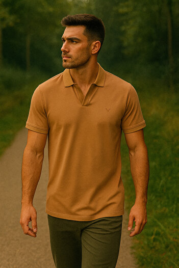Maccali Men's Short Sleeve Cotton Camel Polo Neck Basic T-Shirt