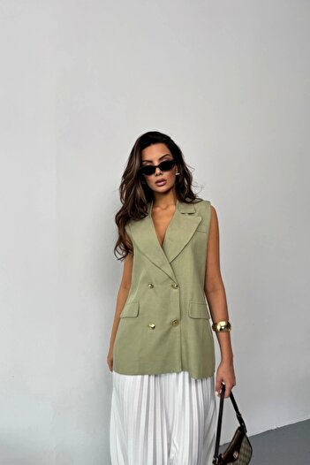 NORA Boutique Gold Buttoned Linen Vest Green