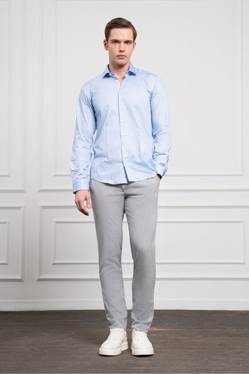 Morven Men's A. BLUE Cotton Printed Pattern Italian Collar Slim Fit Shirt