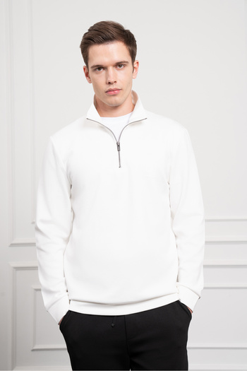 Morven Men's Ecru Zippered Bato Collar Dynamic Fit Relaxed Cut Sweatshirt