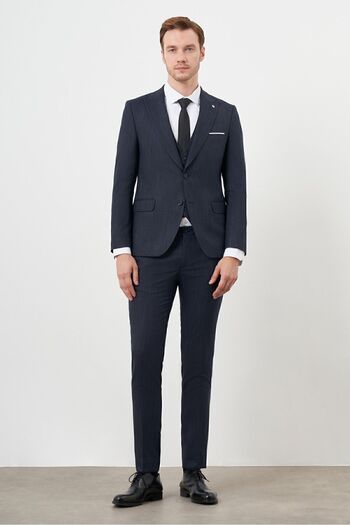 Morven Μπλε Navy Slim Fit Polyviscon κοστούμι - Μοτίβο γιλέκου, μυτερό γιακά
