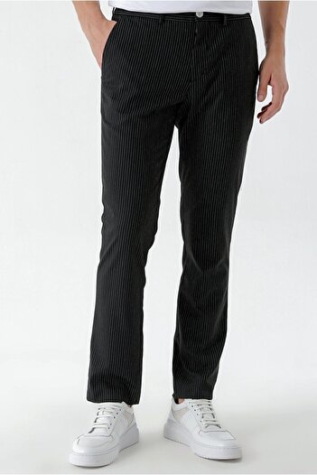 Morven Men's Black Polyviscon Trend Striped Slim Fit Classic Trousers