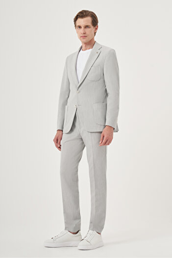 Morven Erkek Gri Poliviskon Trend Çizgili Slim Fit Mono Yaka Takım Elbise