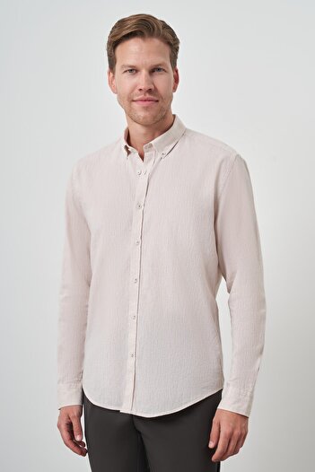 Morven Men's Beige Linen Trend Dynamic Fit Button Collar Shirt