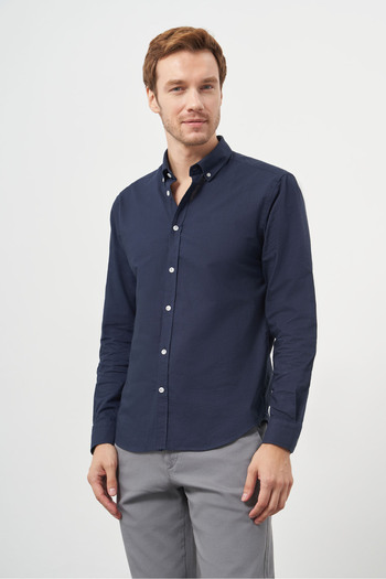 Morven Men's Navy Blue Cotton Trend Buttoned Collar Dynamic Fit Shirt