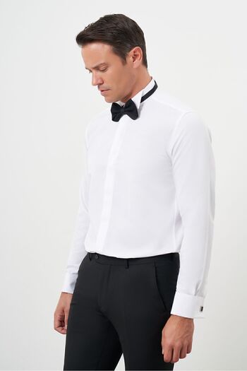 Morven Men's White Cuffed Jacquard Pattern Ankle Collar Slim Fit Shirt