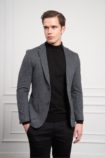 Morven Men's Gray Knitted Slim Fit Slim Fit Mono Collar Jacket
