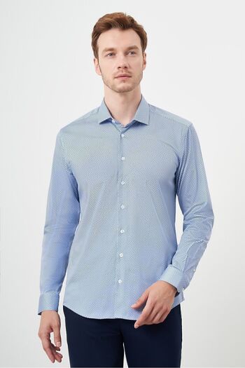 Morven Men's Blue Cotton Printed Patterned Italian Lapel Slim Fit Shirt