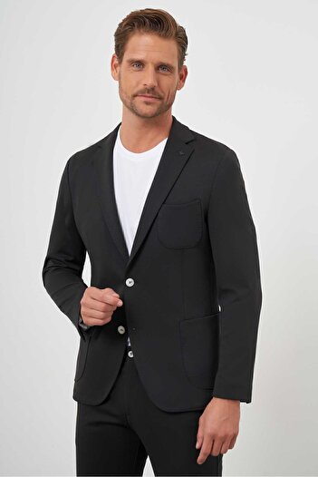 Morven Men's Black Polyviscon Trend Patterned Slim Fit Mono Collar Suit