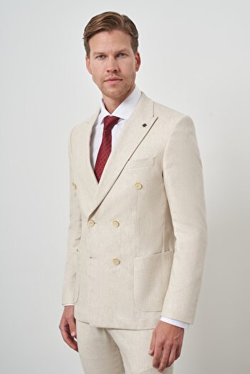 Morven Erkek Bej Keten Kruvaze Slim Fit Sivri Yaka Takım Elbise