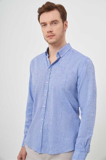 Morven Men's Navy Blue Linen Plain Pattern Buttoned Collar Slim Fit Shirt