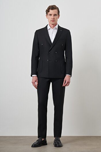 Morven Erkek Siyah Trend Kruvaze Slim Fit Takım Elbise