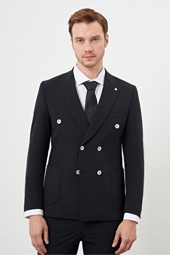 Morven Erkek Siyah Polyamide Trend Kruvaze Slim Fit Sivri Yaka Takım Elbise
