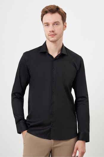 Morven Men's Black Cotton Plain Pattern Italian Lapel Slim Fit Shirt