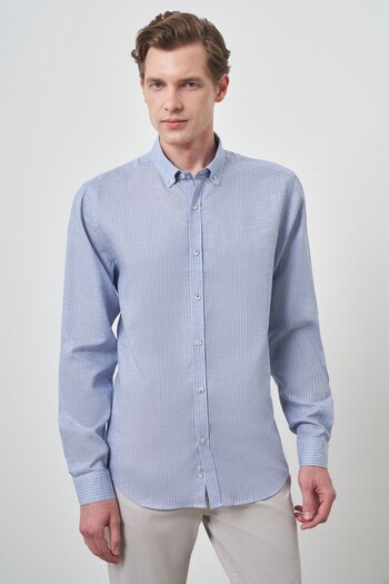 Morven Men's A. Blue Linen Dynamic Fit Button Collar Shirt