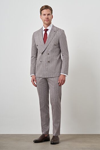 Morven Men's Mink Tend Linen Double Breasted Slim Fit Pointed Collar Suit