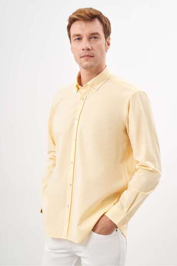 Morven Men's Yellow Cotton Striped Paneled Button Collar Regular Fit Shirt