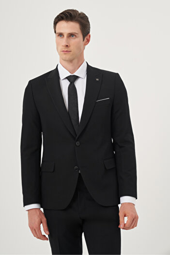 Morven Men's Black Polyviscon Basic Slim Fit Pointed Collar Suit