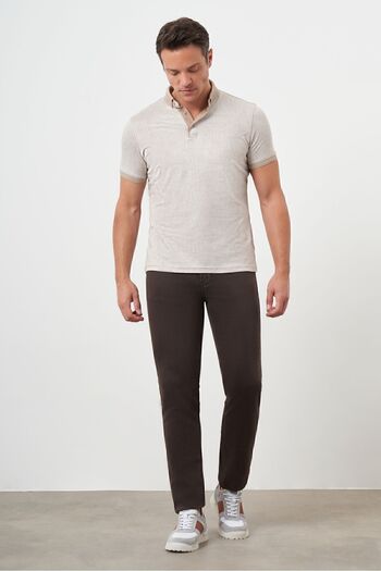 Morven Erkek Bej Trend Merserize Jakar Desen Düğmeli Yaka Dynamic Fit T-Shirt