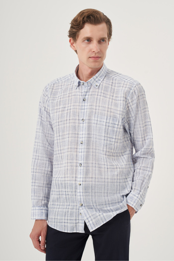 Morven Men's Navy Blue Linen Trend Regular Fit Buttoned Collar Shirt