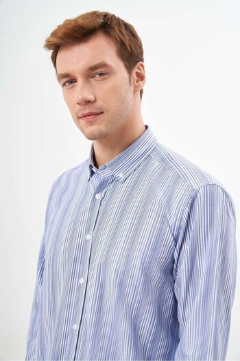 Morven Men's Blue Cotton Striped-Panel Buttoned Lapel Regular Fit Shirt