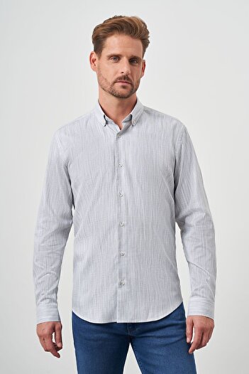 Morven Чоловіча сіра бавовняна сорочка з принтом та ґудзиками на комірі, slim fit
