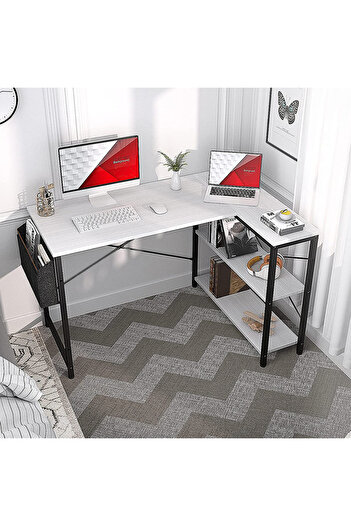 AGD L-Shaped Gaming Desk with Reversible Shelves and Side Storage Bag / White