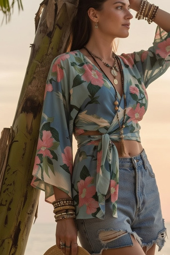 FASHION COCKTAIL Green Japanese Crane Bird Pattern Tied Silky Bohemian Kimono Flare Sleeve Blouse Green