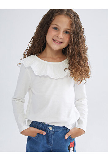 LC Waikiki Ecru Collar Detailed Combed Cotton Girls' T-Shirt