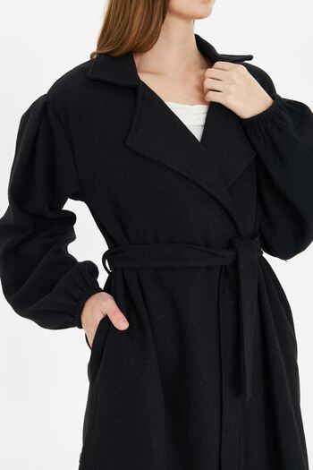 Oyga Women's Black Sleeve Gathered Belted Unlined Cashmere Coat