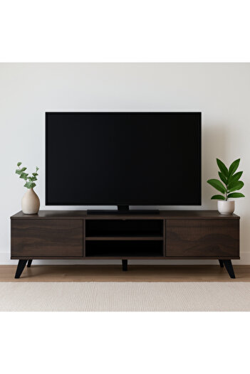 BAITY Wooden TV Table 160 cm, Two Storage Drawers with Malaysian Wood Shelves - Dark Brown