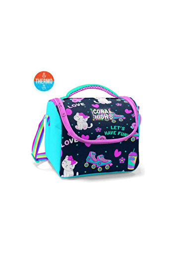 Coral High 11891 Kids Navy Blue Pink Cat Skate Patterned Thermo Lunch Bag