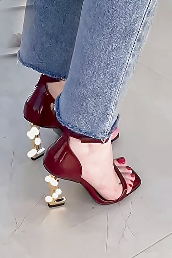Emin Adım Burgundy Patent Leather Gold Heeled Shoes Elegant Heeled Shoes Evening Shoes