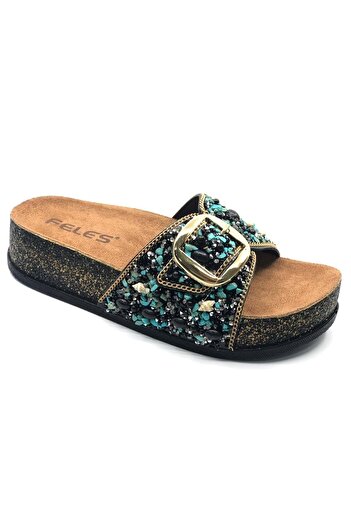 KOCAMANLAR Feles Single Buckle Cork Sole Stone Detailed Women's Slippers Black