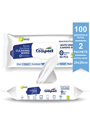 Ultra Compact Servetele Umede Multi-Suprafete cu Otet si Bicarbonat, 2 Pachete, 22x22cm 100 buc