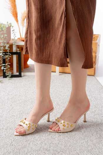 v.s.h velvet Women's Slippers Gold Beaded 7cm Heeled Pointed Toe