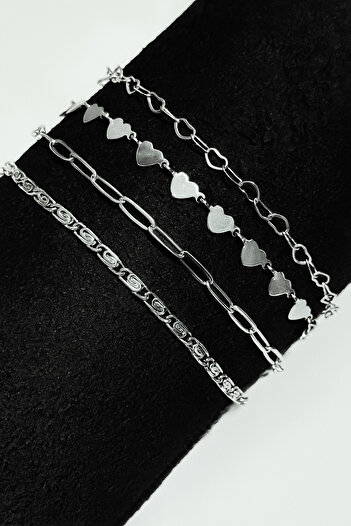 sleyshop Thin Chain 4-Piece Heart Women's Bracelet Set