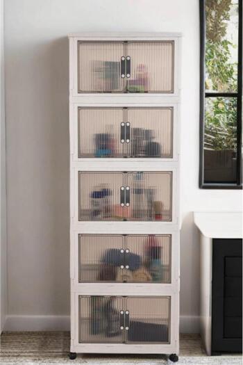 MOSTAFA 5-tier white wardrobe with wheels, modern and foldable, stackable wardrobe, black silicone wardrobe handle