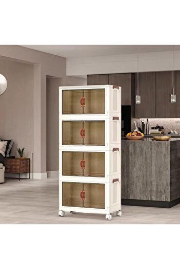 MOSTAFA 5-tier beige dotted wardrobe with wheels, brown silicone wardrobe handle, foldable, detachable and stackable