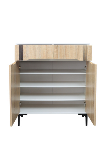 BAITY Two-Door Shoe Cabinet, Malaysian Wood, 4 Shelves and 2 Storage Drawers - White and Wood
