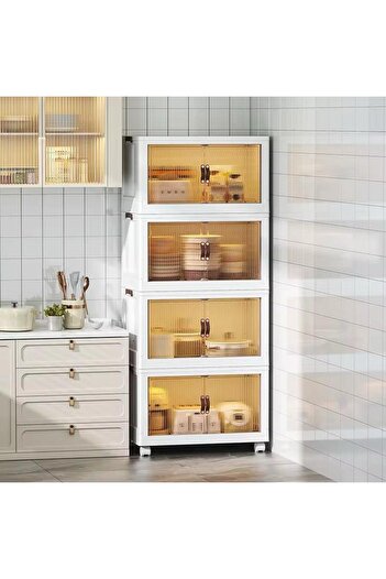 MOSTAFA 4-tier white wardrobe with wheels, black silicone wardrobe handle, foldable, detachable and stackable