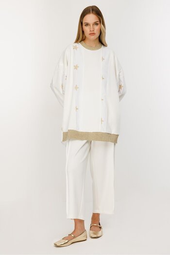 Ghisa Star Embroidered Detailed Rune Pants Set 4918 Ecru