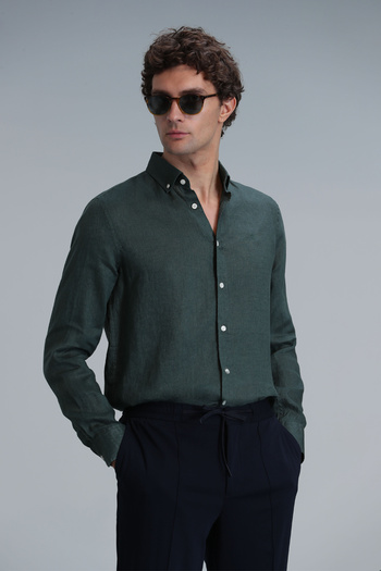 Lufian Ανδρικό λινό πουκάμισο Pitaya Comfort Fit Green