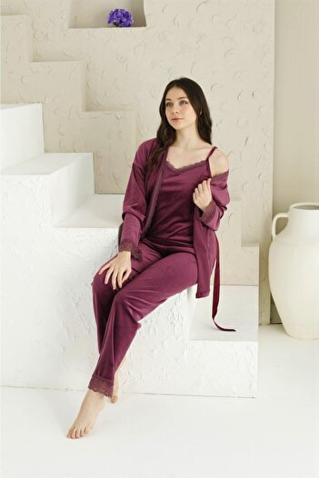 MEBA Women's Plum Dressing Gown Lace Detailed 3-Piece Velvet Nightgown Set Pajamas Dowry Set