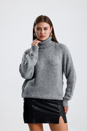 Figo Pulover din tricot cu nervuri - Gât roscat, mânecă raglan