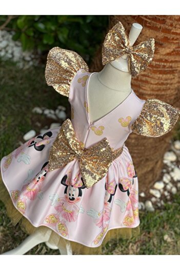 NA ADDESIGN Kız Çocuk Minnie Mouse (miki Mouse) Desenli Gold Payet Detaylı Tüllü Elbise