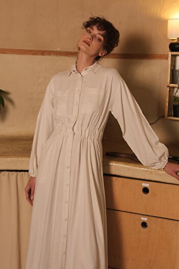 Olcay Beige Linen Dress - Flounce Skirt and Elastic Waist 9287-E